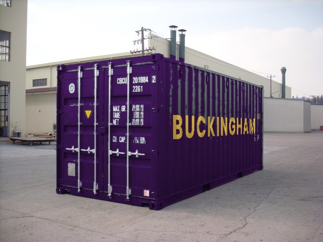 A deep purple Buckingham hire container with BUCKINGHAM in gold along its side